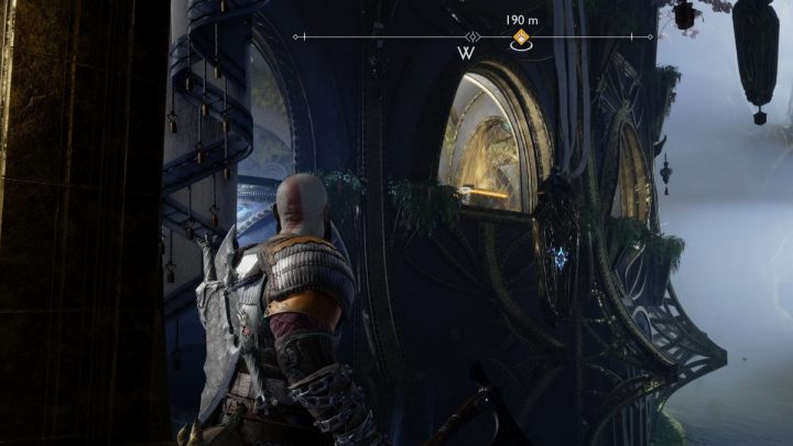 To get to the chest, you must grab the handle at the bottom of the crystal and swing it, then aim at the blue crystal on the wall next to it - God of War Ragnarok: Temple of Light, Alfheim - secrets, collectibles - God of War Ragnarok: Alfheim - God of War Ragnarok Guide