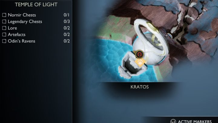 The first Odin's Raven in the Temple of Light in Alfheim is in the southern part of the building - God of War Ragnarok: Temple of Light, Alfheim - secrets, collectibles - God of War Ragnarok: Alfheim - God of War Ragnarok Guide