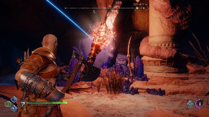 You must first get rid of the red node by the chest - God of War Ragnarok: The Forbidden Sands, Alfheim - secrets, collectibles - God of War Ragnarok: Alfheim - God of War Ragnarok Guide