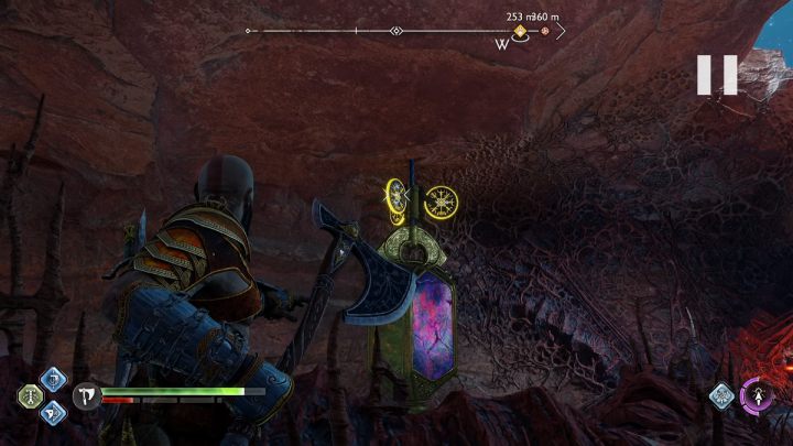 Throw the axe at the crystal on the right side of the cave and remove all 3 nodes - God of War Ragnarok: The Forbidden Sands, Alfheim - secrets, collectibles - God of War Ragnarok: Alfheim - God of War Ragnarok Guide