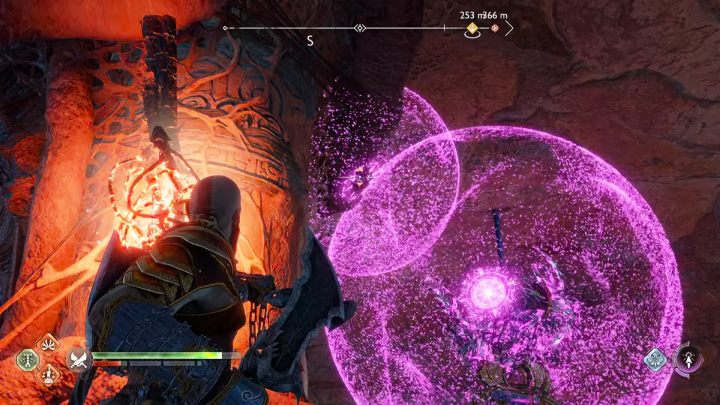 Fire a few Sigil Arrows at the node on the 2nd crystal and a few arrows at the rock next to it - God of War Ragnarok: The Forbidden Sands, Alfheim - secrets, collectibles - God of War Ragnarok: Alfheim - God of War Ragnarok Guide