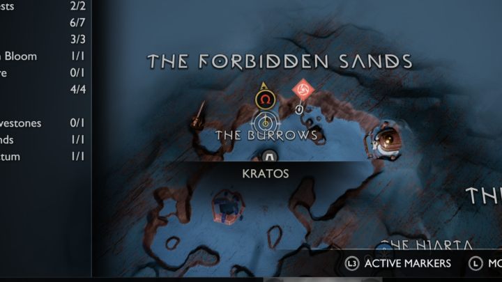 In the Forbidden Sands in Alfheim you will find 1 burried treasure, in the northern part of the region - God of War Ragnarok: The Forbidden Sands, Alfheim - secrets, collectibles - God of War Ragnarok: Alfheim - God of War Ragnarok Guide