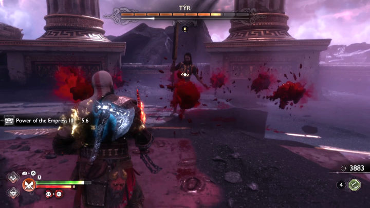 In the second clash, Tyr equips a powerful two-handed weapon that resembles the Aztec Macuahuitl - God of War Ragnarok Valhalla: Tyr - God of War Ragnarok: Valhalla DLC - God of War Ragnarok Guide