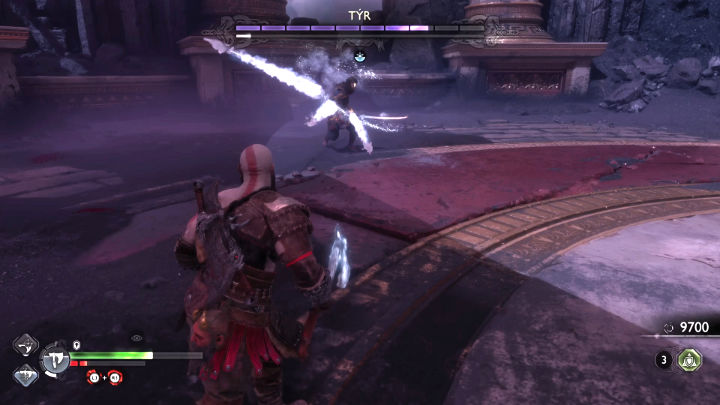 The final clash with Tyr is a really tough and complex fight, and the purple health bar suggests that the opponent is at a higher level than the hero - God of War Ragnarok Valhalla: Tyr - God of War Ragnarok: Valhalla DLC - God of War Ragnarok Guide