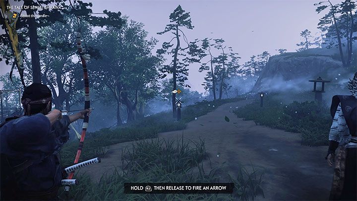 You can test your new weapon right away by completing a tutorial on using the bow - Ghost of Tsushima: The Tale of Sensei Ishikawa walkthrough - Act 1 - Ghost of Tsushima Guide, Walkthrough