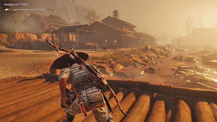 This looks identical to one of the previous objectives of the mission - try to avoid encounters with the Mongols, you dont want to risk the villagers lives - Ghost of Tsushima: Hammer and Forge walkthrough - Act 1 - Ghost of Tsushima Guide, Walkthrough