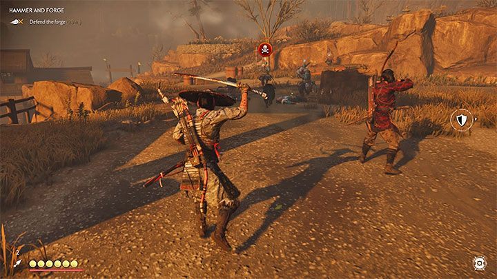 Enemies with shields and spears can be problematic - switch to a stance that is more suitable for this enemy type - Ghost of Tsushima: Hammer and Forge walkthrough - Act 1 - Ghost of Tsushima Guide, Walkthrough