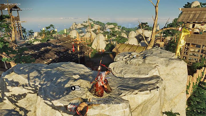 Continue using the grapple hook until you reach the vantage point from which you can see a large part of Fort Yatate - Ghost of Tsushima: The Iron Hook walkthrough - Act 1 - Ghost of Tsushima Guide, Walkthrough