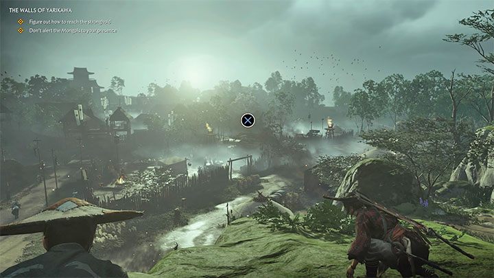 Once you reach the hill adjacent to the fortress, youll need to scout the area, which takes place similarly as in previous quests - you must find interactive areas and confirm them by pressing X - Ghost of Tsushima: The Walls of Yarikawa walkthrough - Act 2 - Ghost of Tsushima Guide, Walkthrough