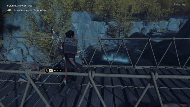 Once youre sure youve eliminated all the enemies, go to the man on the bridge - Ghost of Tsushima: Incident at Hiyoshi Pass walkthrough, Tales of Tsushima - Other tales - Ghost of Tsushima Guide, Walkthrough