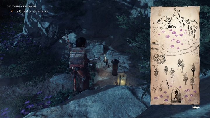 Once you reach the top of the mountain, you will find a map - Ghost of Tsushima: The Legend of Tadayori walkthrough, Mythical Tales, video - Mythic Tales - Ghost of Tsushima Guide, Walkthrough