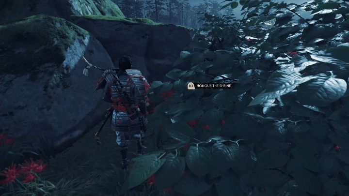 This fox hole is located in the middle of a field of red flowers - Ghost of Tsushima: Inari Shrines, Toyotama Region secrets map, video guide - Toyotama Region - Ghost of Tsushima Guide, Walkthrough