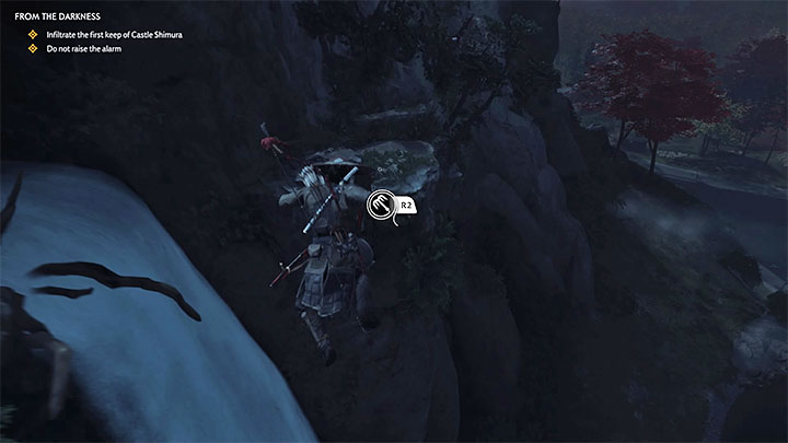 Cross over the waterfall by walking on a fallen tree - Ghost of Tsushima: From the Darkness walkthrough, video guide - Act 2 - Ghost of Tsushima Guide, Walkthrough