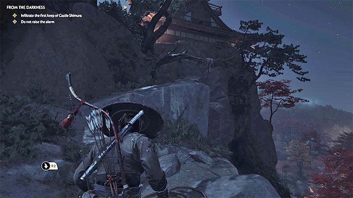 At the very end of the climb you have to reach the place from the picture, make a jump while running towards the hook and grab it with grapple hook - Ghost of Tsushima: From the Darkness walkthrough, video guide - Act 2 - Ghost of Tsushima Guide, Walkthrough
