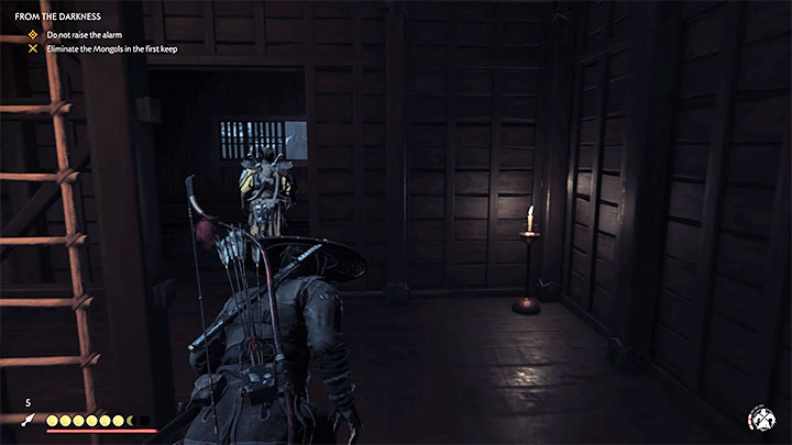 You will reach the first floor by a ladder and there is 1 enemy there - Ghost of Tsushima: From the Darkness walkthrough, video guide - Act 2 - Ghost of Tsushima Guide, Walkthrough
