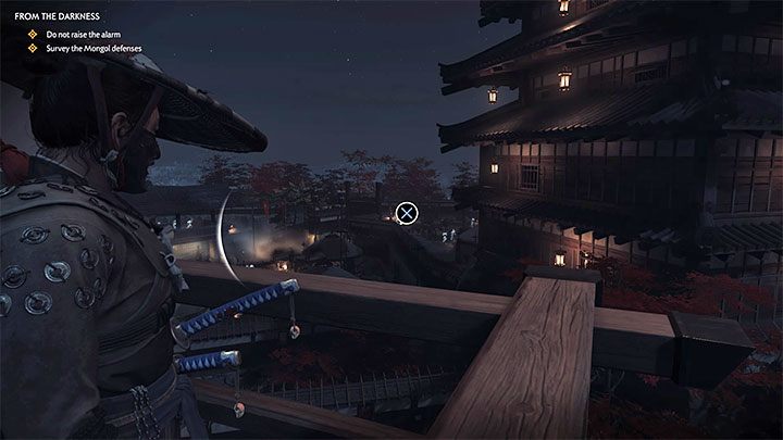 The reconnaissance site is located in one of the corners of the balcony on the second floor of the tower - Ghost of Tsushima: From the Darkness walkthrough, video guide - Act 2 - Ghost of Tsushima Guide, Walkthrough