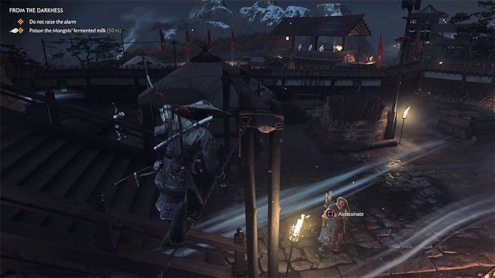 At the new location, climb onto the tent and take another opportunity to walk over the rope - Ghost of Tsushima: From the Darkness walkthrough, video guide - Act 2 - Ghost of Tsushima Guide, Walkthrough