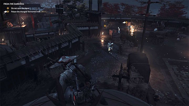 After reaching the last tent, wait for a single guard to arrive (shown in the above picture) and jump on him - Ghost of Tsushima: From the Darkness walkthrough, video guide - Act 2 - Ghost of Tsushima Guide, Walkthrough