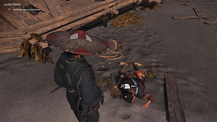 Next to the shipwreck, you will find a dead captain and optionally, you can choose to bury him - Ghost of Tsushima Iki Island: A Lost Friend - walkthrough - Main Missions - Ghost of Tsushima Guide, Walkthrough