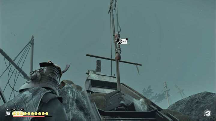 In the next area, use a rope with a hook on the mast - you need to hold R2 first and then L2 - Ghost of Tsushima Iki Island: The Legacy of Kazumasa Sakai - walkthrough - Mythic Tales - Ghost of Tsushima Guide, Walkthrough
