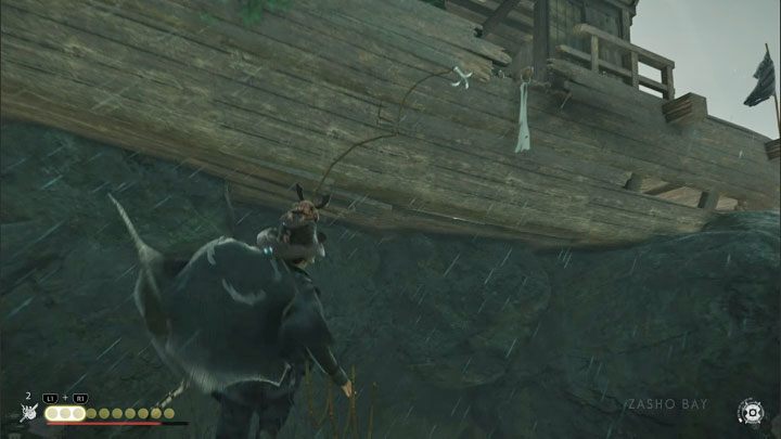 Reach the hanging rope and follow it to get closer to the shelf in picture 1 - Ghost of Tsushima Iki Island: The Legacy of Kazumasa Sakai - walkthrough - Mythic Tales - Ghost of Tsushima Guide, Walkthrough
