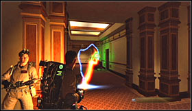 Watch out when you get to the staircase, because one of the ghosts will start throwing items at you - Level 1: Sedgewick Hotel - part 1 - Walkthrough - Ghostbusters The Video Game - Game Guide and Walkthrough