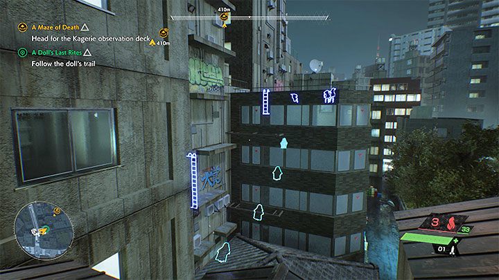 On the rooftops, you should take advantage of Spectral Vision, which will help you discover interactive ladders as shown in the picture above - Ghostwire Tokyo: A Dolls Last Rites - walkthrough - Quests available from chapter 2 - Ghostwire Tokyo Guide