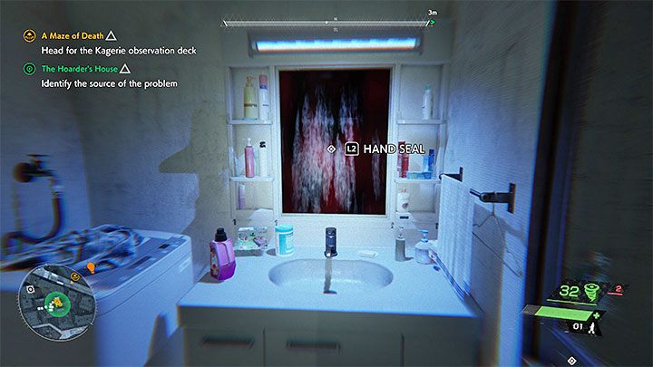 The specter's third hiding spot is the bathroom mirror from the screenshot - Ghostwire Tokyo: The Hoarders House - walkthrough - Quests available from chapter 2 - Ghostwire Tokyo Guide