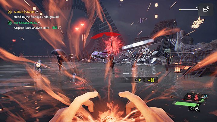 During the fights, look for levitating red crystals - an example is shown in the picture - Ghostwire Tokyo: Couldnt Take z Heat trophy - Trophy Guide - Ghostwire Tokyo Guide