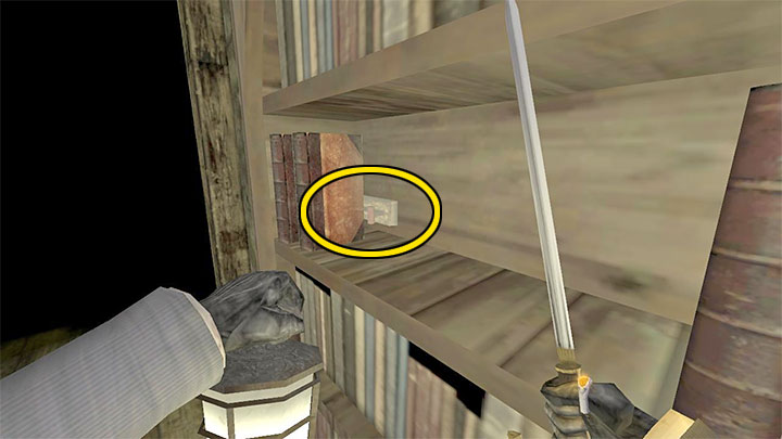 There is a secret switch in the building's basement, hidden behind the books on a shelf pictured above - Gloomwood: Coast Cliffside (cliff, lighthouse) - walkthrough - Walkthrough - Gloomwood Guide, Walkthrough