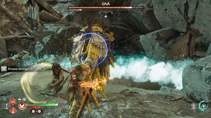 Guarding with the wings - Blue rings will appear and you must break through her defenses by hitting her quickly with your shield (2x L1 button) - God of War Ragnarok: How to defeat the boss Valkyrie Queen Gna? - God of War Ragnarok: Bosses - God of War Ragnarok Guide