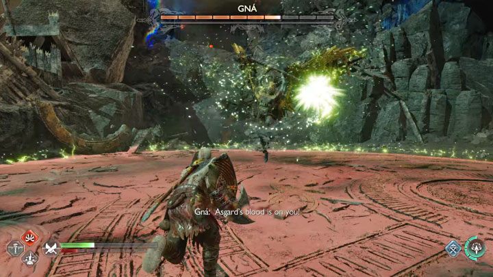 Charging weapons in the air - This is a blue attack, but it is more offensive-oriented - God of War Ragnarok: How to defeat the boss Valkyrie Queen Gna? - God of War Ragnarok: Bosses - God of War Ragnarok Guide