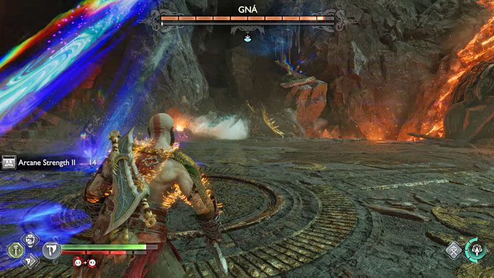 Bombarding the arena with projectiles - You have to dodge to the side - God of War Ragnarok: How to defeat the boss Valkyrie Queen Gna? - God of War Ragnarok: Bosses - God of War Ragnarok Guide