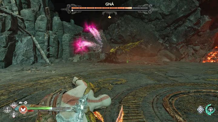 Homing projectiles - These can be a regular or red attack and Gna additionally shoots two series of projectiles - God of War Ragnarok: How to defeat the boss Valkyrie Queen Gna? - God of War Ragnarok: Bosses - God of War Ragnarok Guide
