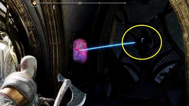 One of the bells with runes in Alfheim is hidden behind a grille. Bounce the axe from the crystal to activate the bell. - God of War Ragnarok: How to open Nornir Chests? - God of War Ragnarok: Exploration - God of War Ragnarok Guide