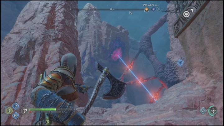 Jump on the blue handle and jump to the nearby rock - God of War Ragnarok: Secret of the Sands - walkthrough - God of War Ragnarok: Favors - Alfheim - God of War Ragnarok Guide