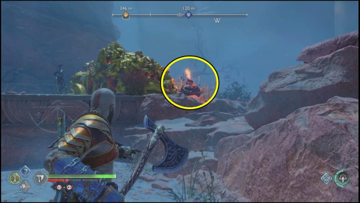 Destroy the red vessel standing behind the debris, the explosion will remove the blockade - God of War Ragnarok: Secret of the Sands - walkthrough - God of War Ragnarok: Favors - Alfheim - God of War Ragnarok Guide