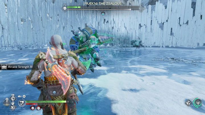 Fraekni's dangerous attack is also a red charge - dodge to aside to avoid receiving heavy damage - God of War Ragnarok: How to defeat the Berserker Fraekni the Zealous? - God of War Ragnarok: Berserkers - God of War Ragnarok Guide