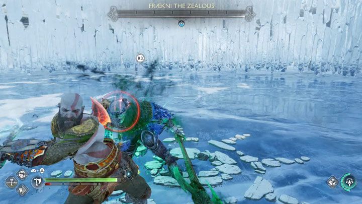 Once Fraekni's health bar is depleted, you can perform an execution (R3) - God of War Ragnarok: How to defeat the Berserker Fraekni the Zealous? - God of War Ragnarok: Berserkers - God of War Ragnarok Guide