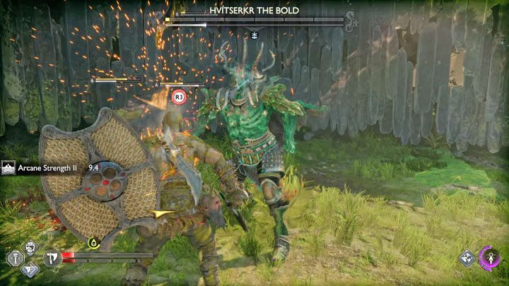 Once Hvitserkr's health bar is depleted, there will be an opportunity to perform an execution on the boss - press R3 - God of War Ragnarok: How to defeat the berserk Hvitserkr the Bold? - God of War Ragnarok: Berserkers - God of War Ragnarok Guide