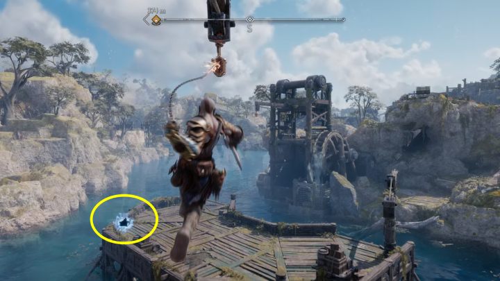 You must first unlock the Draupnir Spear to get to the wooden platform by the island - God of War Ragnarok: Alberich Island, Svartalfheim - secrets, collectibles - God of War Ragnarok: Svartalfheim - God of War Ragnarok Guide