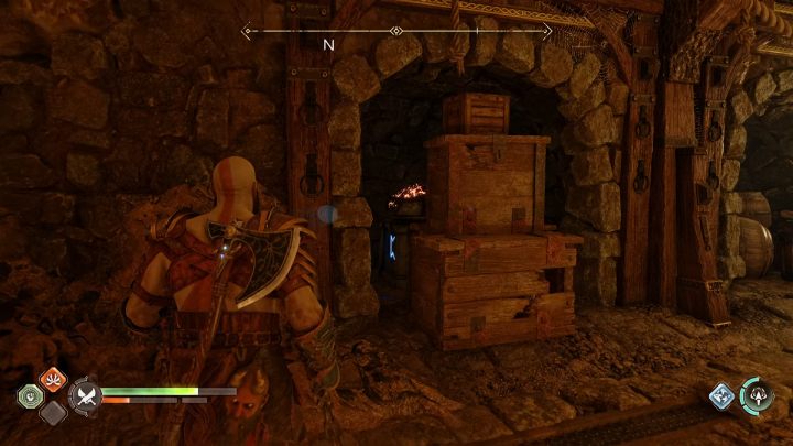 In the same corridor you will find the 2nd torch, hidden behind wooden chests - God of War Ragnarok: Myrkr Tunnels, Svartalfheim - sercrets, collectibles - God of War Ragnarok: Svartalfheim - God of War Ragnarok Guide
