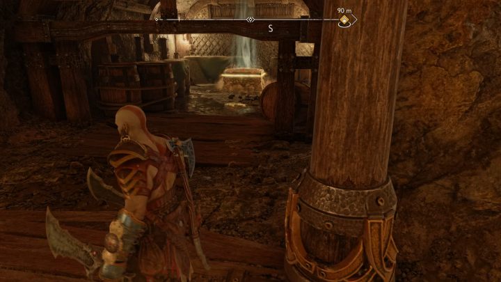 Destroy the barricade using Sigil arrows and Blades of Chaos to get to the chest - God of War Ragnarok: Myrkr Tunnels, Svartalfheim - sercrets, collectibles - God of War Ragnarok: Svartalfheim - God of War Ragnarok Guide