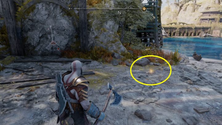 The collectible is on the ground by the wooden platform - God of War Ragnarok: Modvitnirs Rig, Svartalfheim - secrets, collectibles - God of War Ragnarok: Svartalfheim - God of War Ragnarok Guide