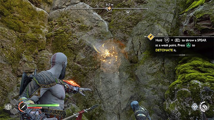 This is the first time where you need to use the spear to unlock the path forward - equip it and aim and throw at the weak point with escaping air (screenshot) - God of War Ragnarok: Forging Destiny - walkthrough - God of War Ragnarok: Walkthrough - God of War Ragnarok Guide