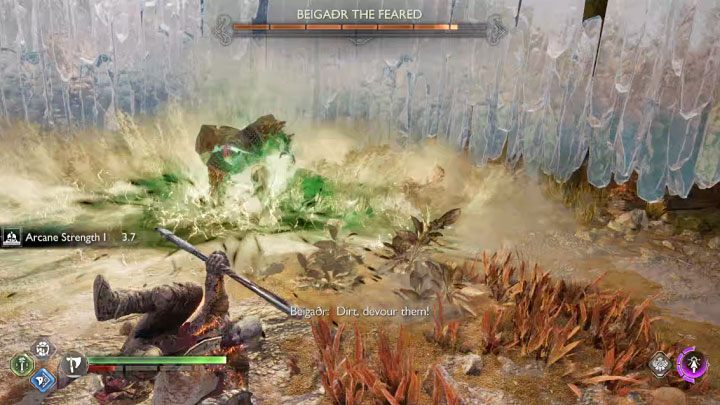 Beigadr's red attack is to jump and land - the landing spot is symbolized by a green circle - God of War Ragnarok: How to defeat the Beigadr the Feared berserker boss? - God of War Ragnarok: Berserkers - God of War Ragnarok Guide