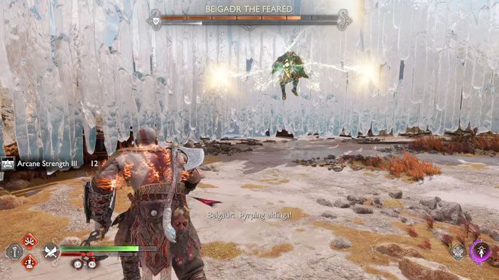 Another hard-to-dodge red attack is when Beigadr jumps into the air and shoots projectiles - God of War Ragnarok: How to defeat the Beigadr the Feared berserker boss? - God of War Ragnarok: Berserkers - God of War Ragnarok Guide