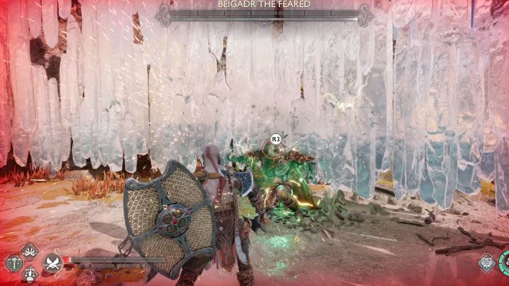Once the boss' health bar is depleted, you can perform an execution (R3) - God of War Ragnarok: How to defeat the Beigadr the Feared berserker boss? - God of War Ragnarok: Berserkers - God of War Ragnarok Guide