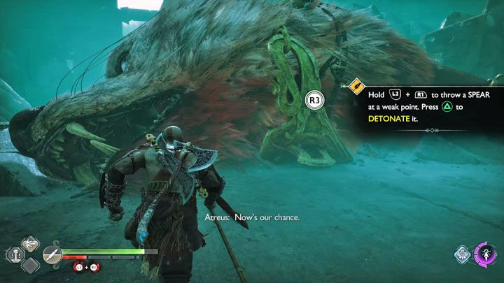 Fight until you can grab the collar of the knocked down Garm by pressing R3 (above image) - God of War Ragnarok: How to defeat Garm (chase and second battle)? - God of War Ragnarok: Bosses - God of War Ragnarok Guide