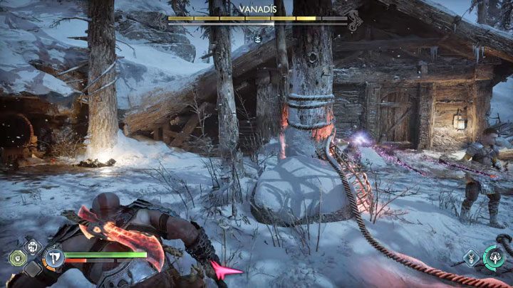 Valkyrie can shoot with a bow - block these attacks or stand behind trees - God of War Ragnarok: How to defeat Valkyrie Vanadis? - God of War Ragnarok: Bosses - God of War Ragnarok Guide